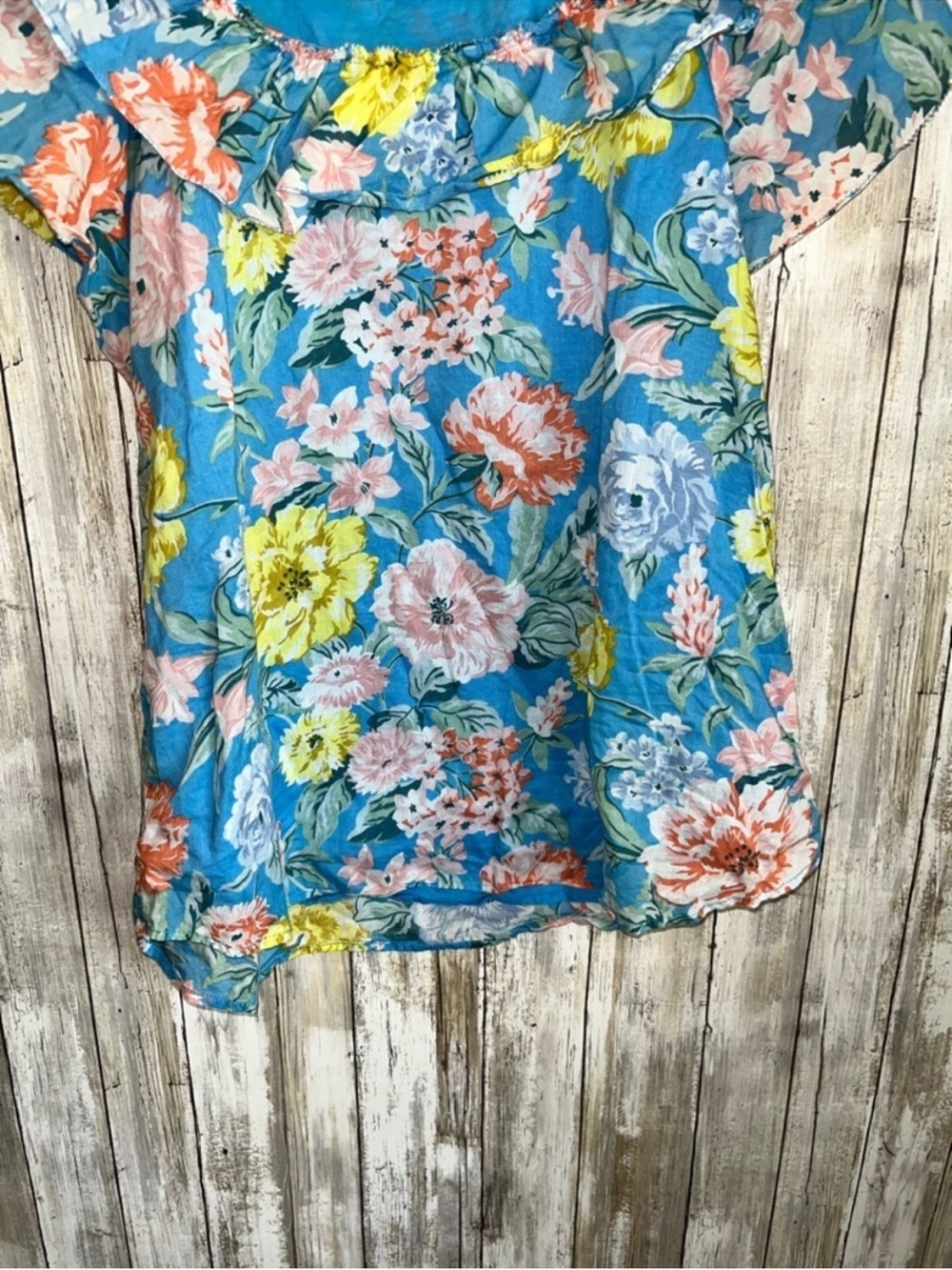 LOFT Floral Ruffle Neck Blouse Size L Blue Garden Print Boho Cottagecore Top - Picture 4 of 5